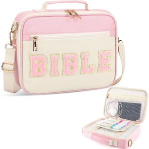 Bible Cover Case for Women Grils, Preppy Bible Bag with Adjustable Shoulder Strap, Waterproof Bible Carrying Tote Bags Holder for Bible Study Supplies Accessories & Christian Gifts (Light Pink, Large)