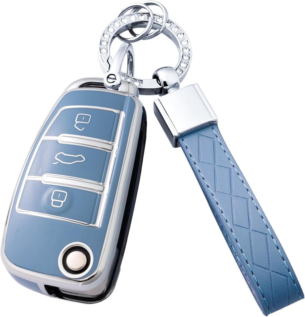 Key Fob Cover with Keychain for Audi A3 A4 A6 A8 TT Q7 S6 (Blue)