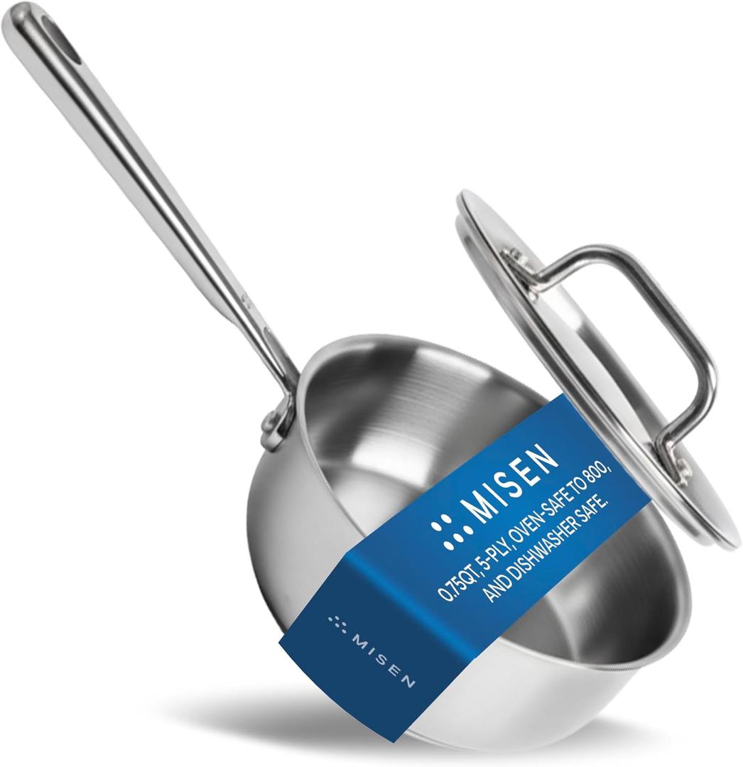 Misen 5-Ply Stainless Steel Saucier with Lid - Induction-Compatible Pan with Curved Sides for Smooth Stirring - Oven Safe to 800F  Even Heat Distribution & Ergonomic Handle - 0.75 QT