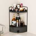 2-Tier Corner Bathroom Countertop Organizer with Drawer, Wooden Vanity Organizers for Makeup and Skincare Storage, Corner Counter Shelf with Embedded Screw Holes, Black