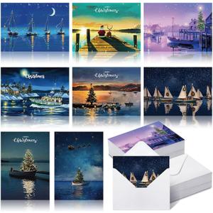 48 Pack Boating Christmas Cards with Envelopes Nautical Christmas Cards Assortment Boat Holidays Cards for Friend Coworker Neighbor