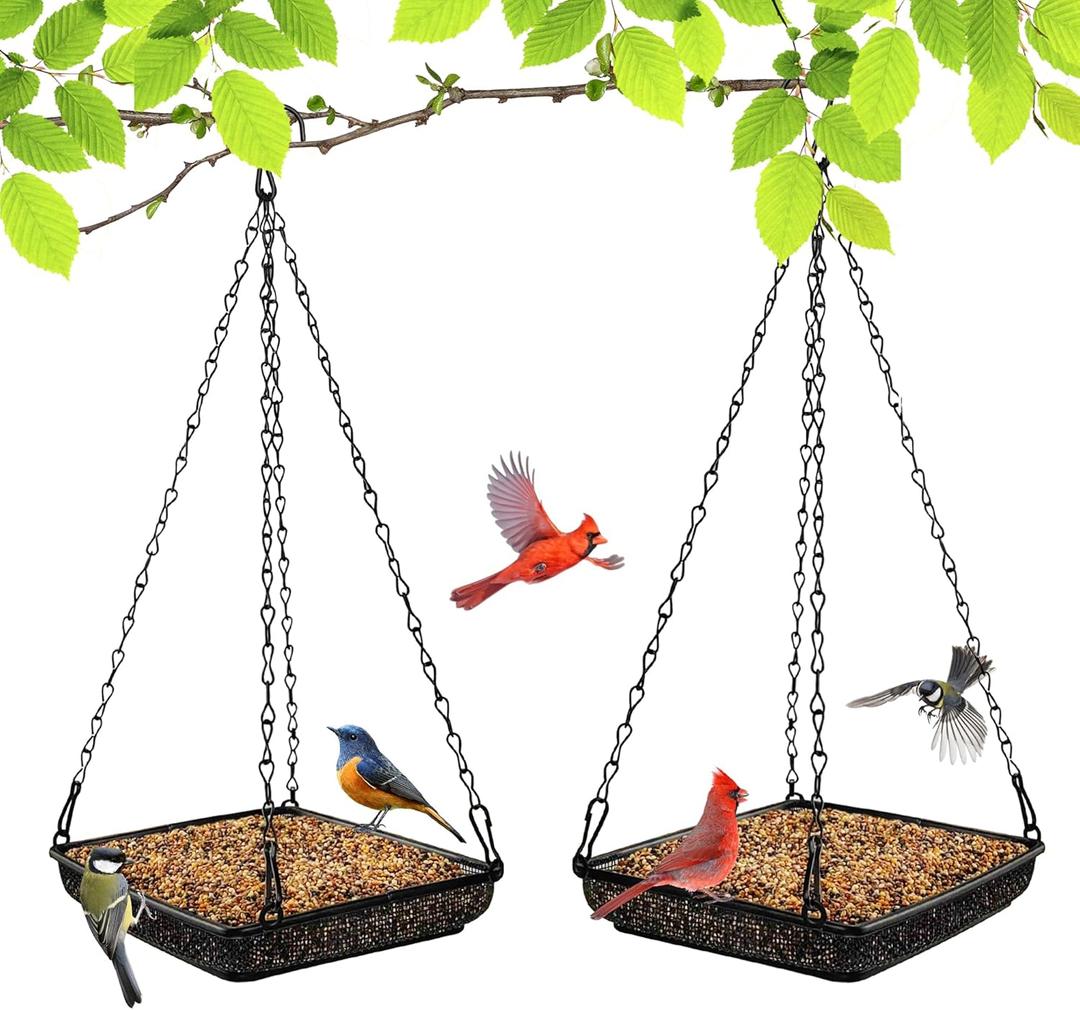 MIXXIDEA Hanging Bird Feeder Tray Metal Mesh Platform Seed Feeder with Durable Chains for Outdoors Garden Great for Attracting Birds (2 Pack)