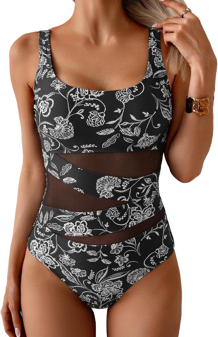 B2prity Women's Mesh One Piece Swimsuit Tummy Control Sexy Bathing Suit Push Up Swim Suit Slimming Swimwear, L