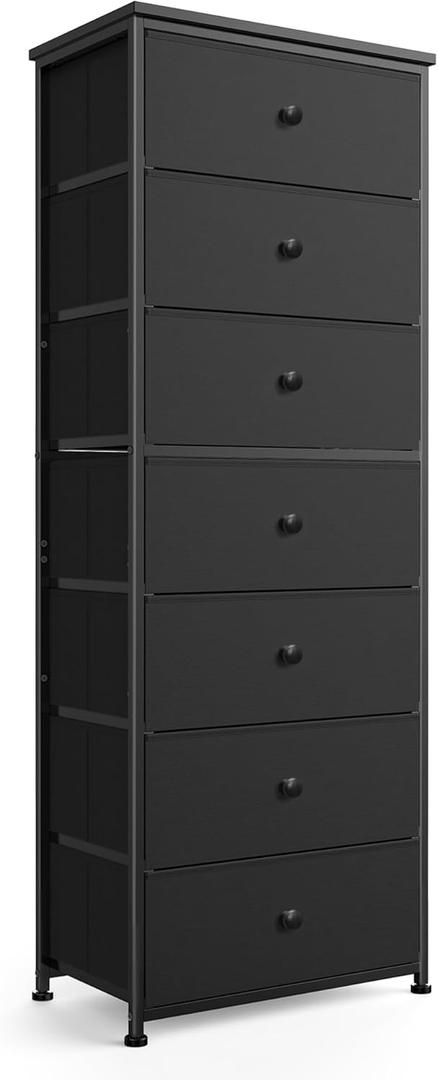 Mifuro Tall Fabric Dresser for Bedroom, Vertical Storage Organizer Tower with 7 Drawers, Chest of Drawers with Bins, Steel Frame, Wood Top for Bedroom, Closet, Entryway Black