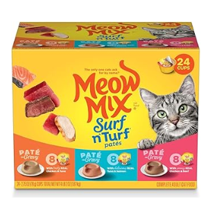 Meow Mix Paté in Gravy Surf n’ Turf Patés Variety Pack, Wet Cat Food, 2.75 oz Cup, 24 Pack, BBD 07/18/2027