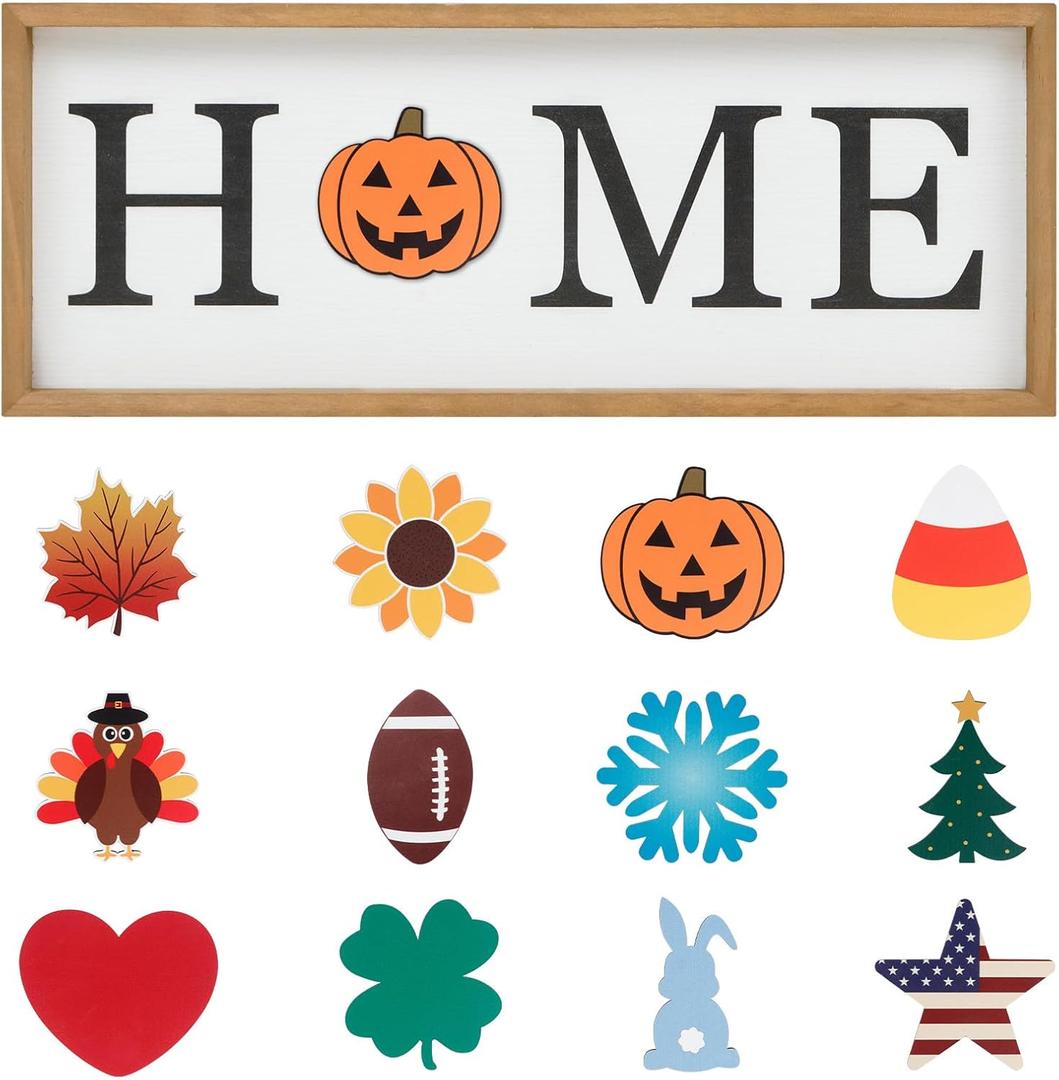 Interchangeable HOME Seasonal Tabletop Sign with 12 Pcs Seasonal Icons Wooden HOME Sign for All Seasons Shelf Mantel Windowsill Decor