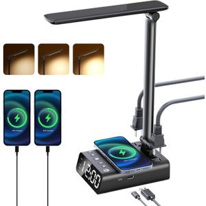 Alarm Clock with USB Charger and Outlets, Heavy Sleepers Alarm Clock for Adults, Kids & Teens, Charging Station (Black Long Lamp)