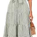 Women's Striped Stand Ruffle Collar Maxi Dress Half Sleeve Button Down Flowy Belted Beach Vacation Dress, Size XL (Green)