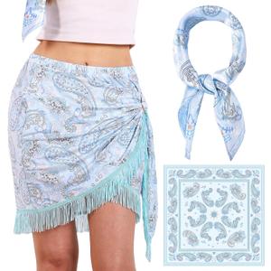 Wrap Skorts for Women, Casual Beach Mini Skirt with Silk 27" Square Scarf, Boho Beach Cover Ups for Swimwear (4-5, Blue)