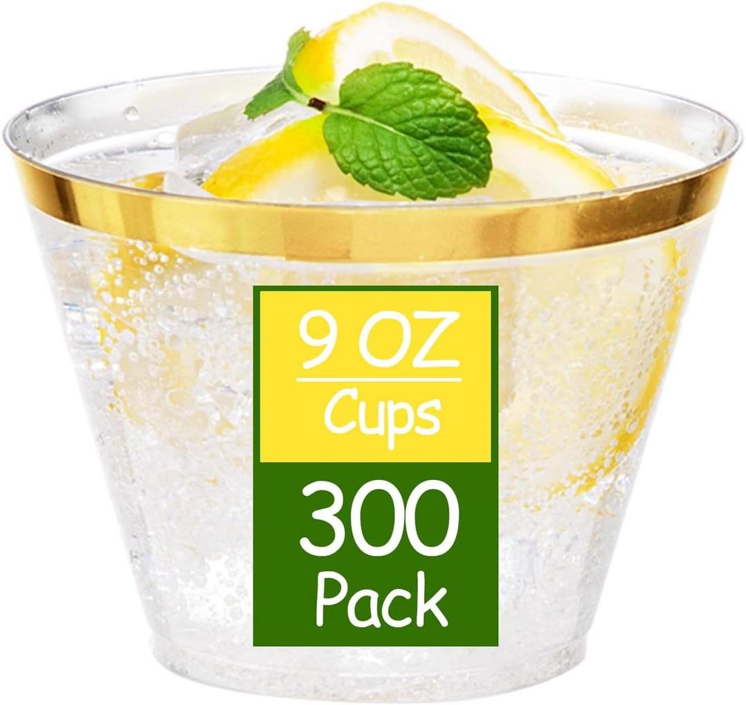Ciaell 300PCS Gold Plastic Cups - 9Oz Heavy Duty Plastic Cups - Gold Rimmed Disposable Cup - Disposable Clear Wine Cup with Gold Rim for Party & Wedding