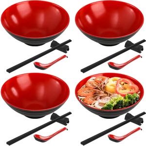 Lyellfe 16 Pieces Ramen Bowl Set, Restaurant Quality Soup Bowl, 33 Oz Plastic Dinnerware with Spoons, Chopsticks and Stands for Udon Soba Pho
