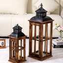 Large Farmhouse Decorative Wooden Lanterns Set of 2, Rustic Burnt Wood Floor Lanterns, Indoor/Outdoor Hurricane Lanterns for Home Decor (No Glass)