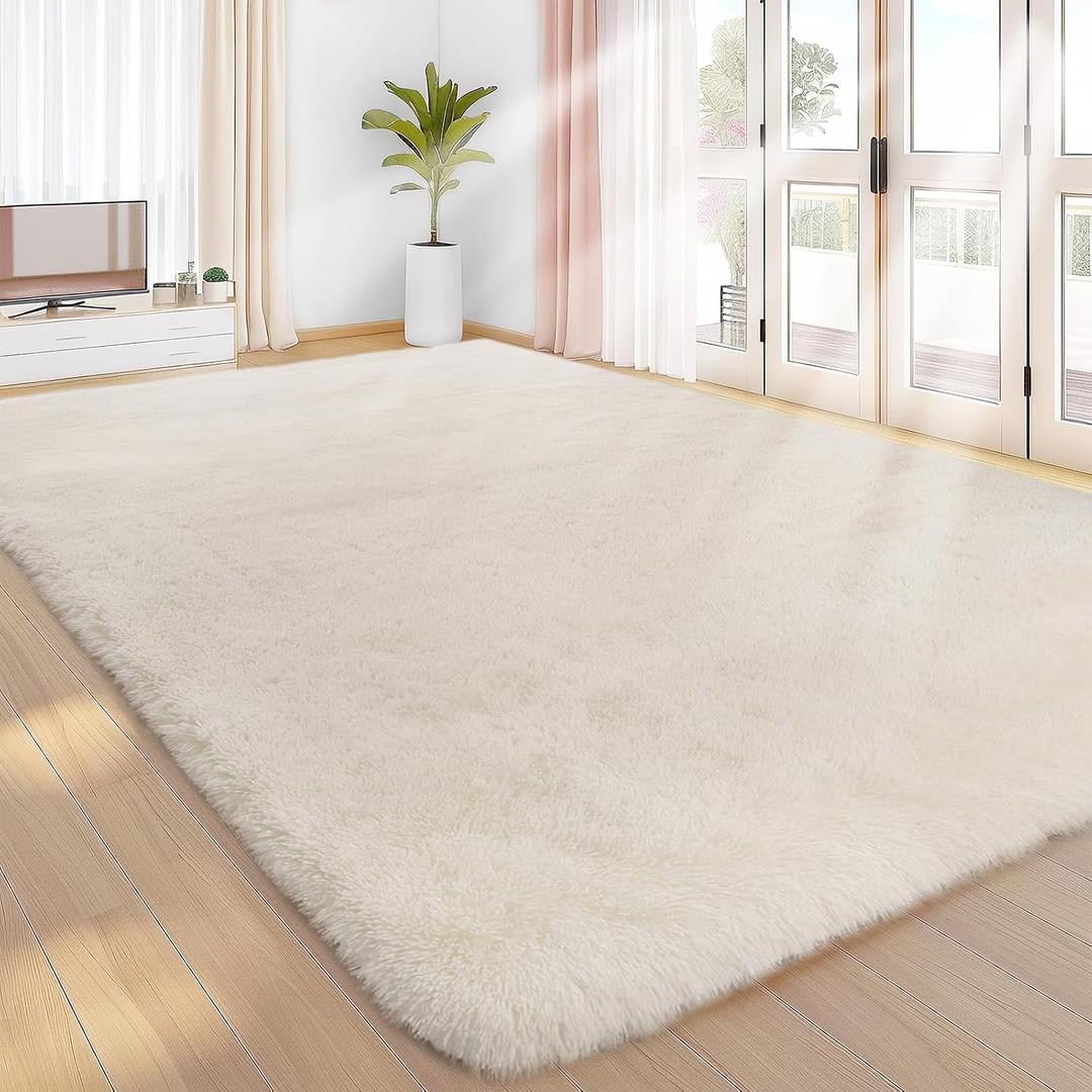 Sour Lemon Area Rugs 8x10 Living Room, Cream Large Area Rug Shag Shaggy Carpet Soft Plush Furry Bedside Rugs, Machine Washable Area Rugs for Bedroom Kids Girls Boys Home Decor Anti Slip