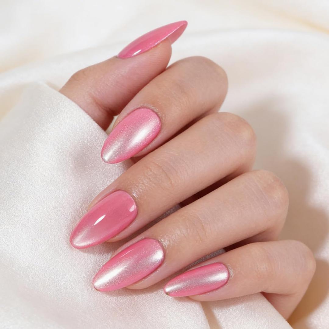 2 x Cat Eye Press On Nails, Hot Pink Fake Nails, Short Almond Shape Reusable Glossy False Nails for Women Daily Wear & Party Manicure 32 Pcs, (Mix Colors)