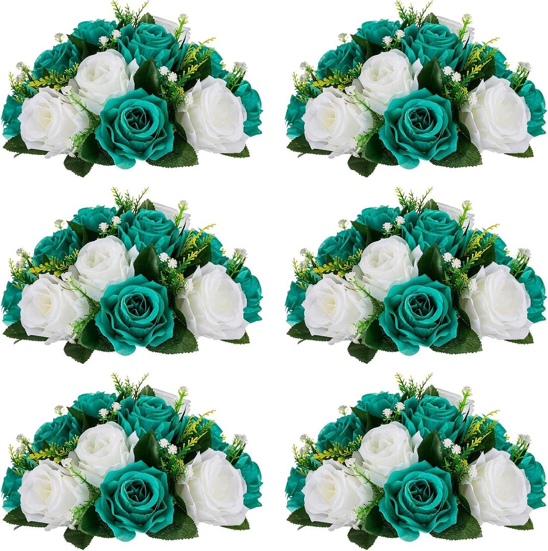 NUPTIO Flower Wedding Centrepieces for Tables - 6 Pcs 9.5in Diameter Teal & White Artificial Flowers Rose Ball for Centerpieces Table - Fake Rose Arrangements for Weddings Birthday Party Decorations