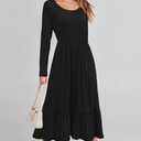 STYLEWORD Women's 2025 Fall Wedding Guest Dresses Long Sleeve Crew Neck Tiered Flowy A Line Casual Midi Dress Pockets (Black, XL)