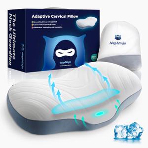 Napninja Adaptive Cervical Neck Pillow for Neck Pain Relief, Premium Pillow SKINFOAM, Ergonomic, Supportive, Cooling Fabric, Reduces Neck Fatigue (Blue&White)