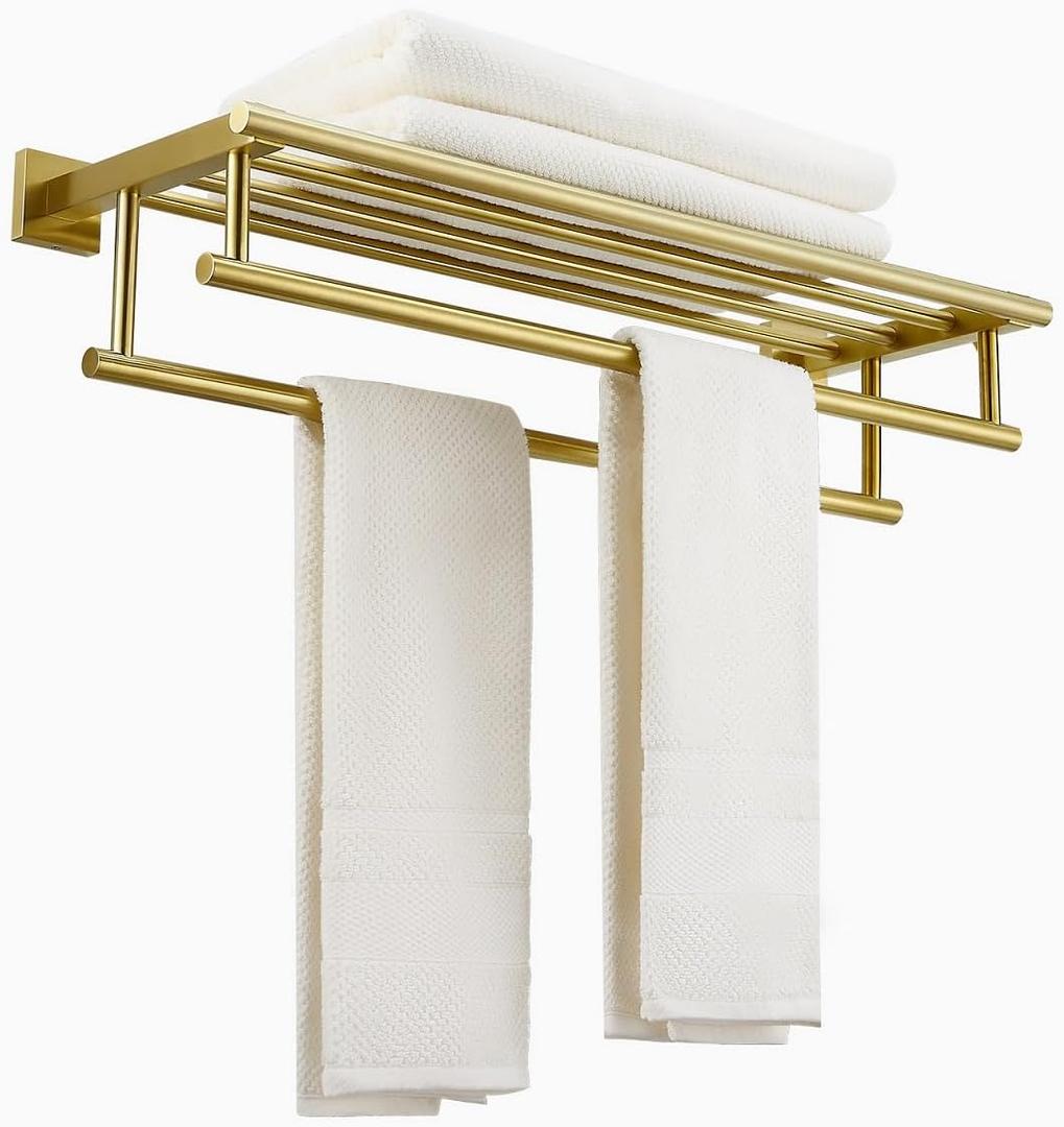 Bathroom Towel Rack 24 Inch Tower Holder with Double Towel Bar Brushed Gold Towel Rack Wall Mounted SUS304 Stainless Steel Hotel Towel Shelf Modern Towel Hanger