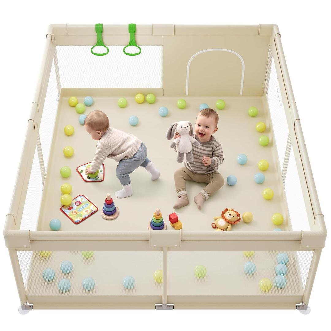 Fodoss Baby Playpen, 5969in Beige Playpen for Babies and Toddlers, Play Pen for Apartment, Kids Activity Fence, Baby Playard with All-Side Mesh, Pull Rings