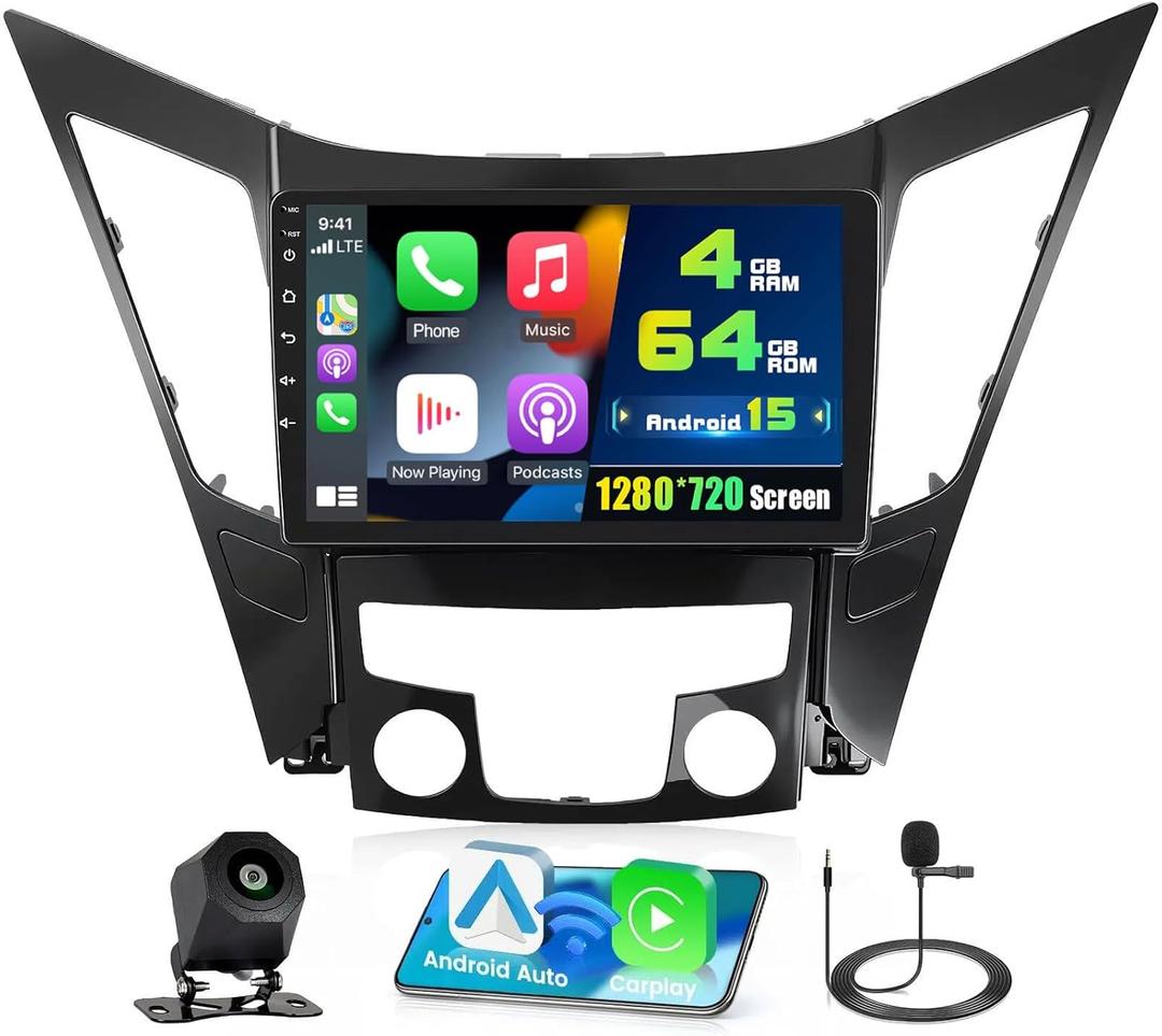 4+64G Radio for Hyundai Sonata 2010-2015, 9'' IPS Touchscreen Stereo Android 15 Wireless Apple Carplay Android Auto 32EQ 5G WiFi 1080P Bluetooth +Free AHD Backup Camera