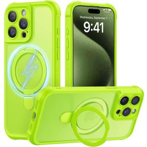 MOCCA Design for iPhone 15 Pro Case with Magnetic Invisible Stand [Full Camera Protection] [Compatible with Magsafe] Military Drop Shockproof Translucent Matte Phone Case Cover 6.1",Fluorescent Green
