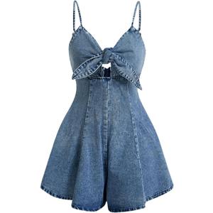 OYOANGLE Women's Vintage Bowknot Spaghetti Strap Denim Romper Sleeveless Wide Leg Jean Short Jumpsuits Light Wash Large