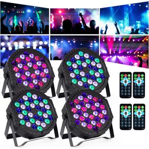 Stage DJ Par Lights for Party: 36 RGB LED Uplighting Stage Light with Sound Activated Remote DMX Control - Uplights Disco Lights for Parties Events Club Dance Stage Lighting (4 Pack)