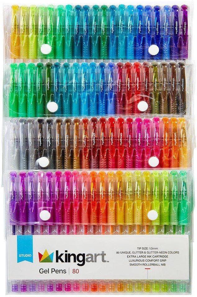 2 pack KINGART GLITTER Rollerball GEL PENS, 80 Sparkling Colors with Soft-Grip Comfort, XL Ink Cartridge - For Coloring, Doodling, Scrapbooking, Journaling and General Use, All Ages, 80 Pens