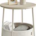 VASAGLE End Table, Small Bedside Table with Fabric Basket, Modern Nightstand, Round Side Table, for Living Room, Bedroom, Cream White ULET223K67