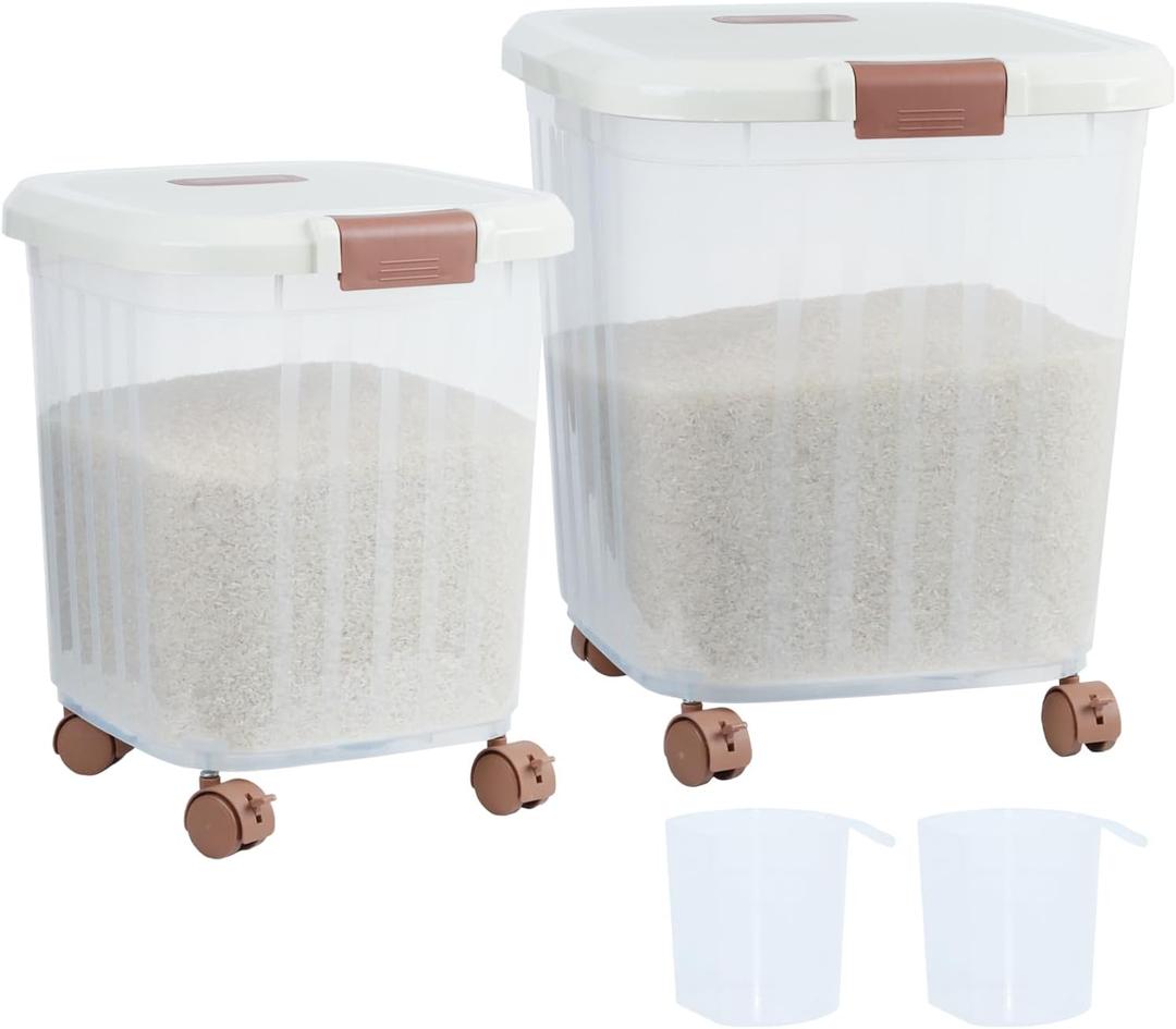 30 LB+50 LB Airtight Flour Rice Storage Container, Large Dry Food Storage Container Bin with Wheel, For Rice | Grain | Pet Food | Flour, 2 Count(Clear) (30LB+50LB)
