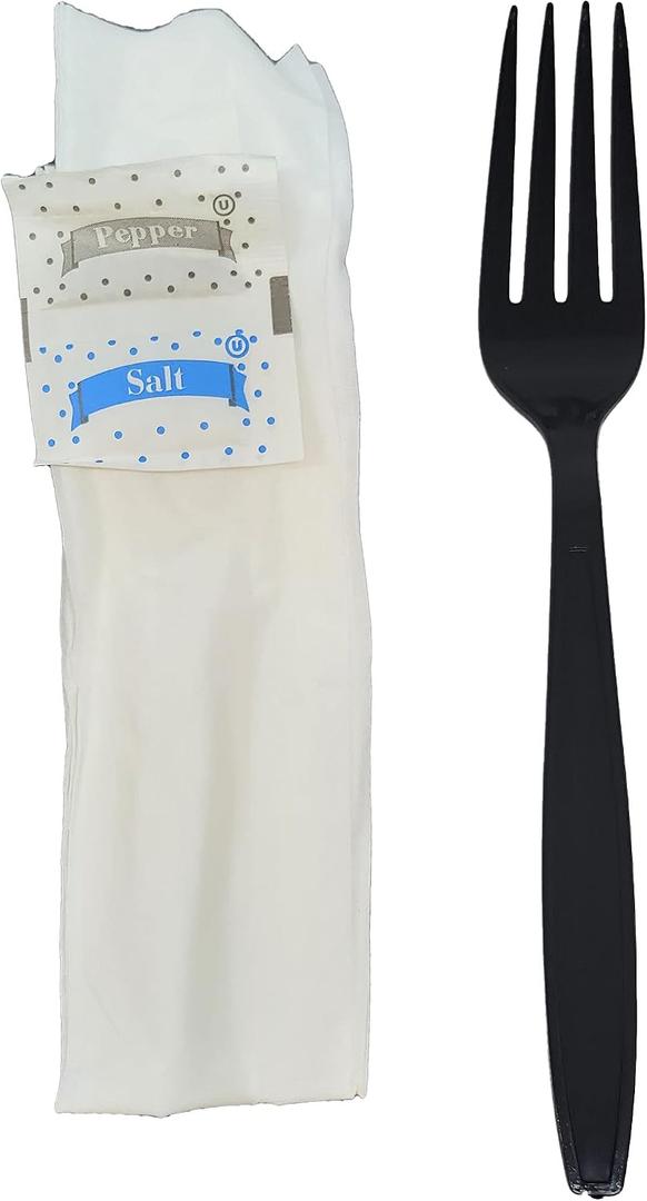 500 Kits Disposable Black Plastic Fork with Napkin and Salt/pepper packet, individually Wrapped, To-go (Fork)