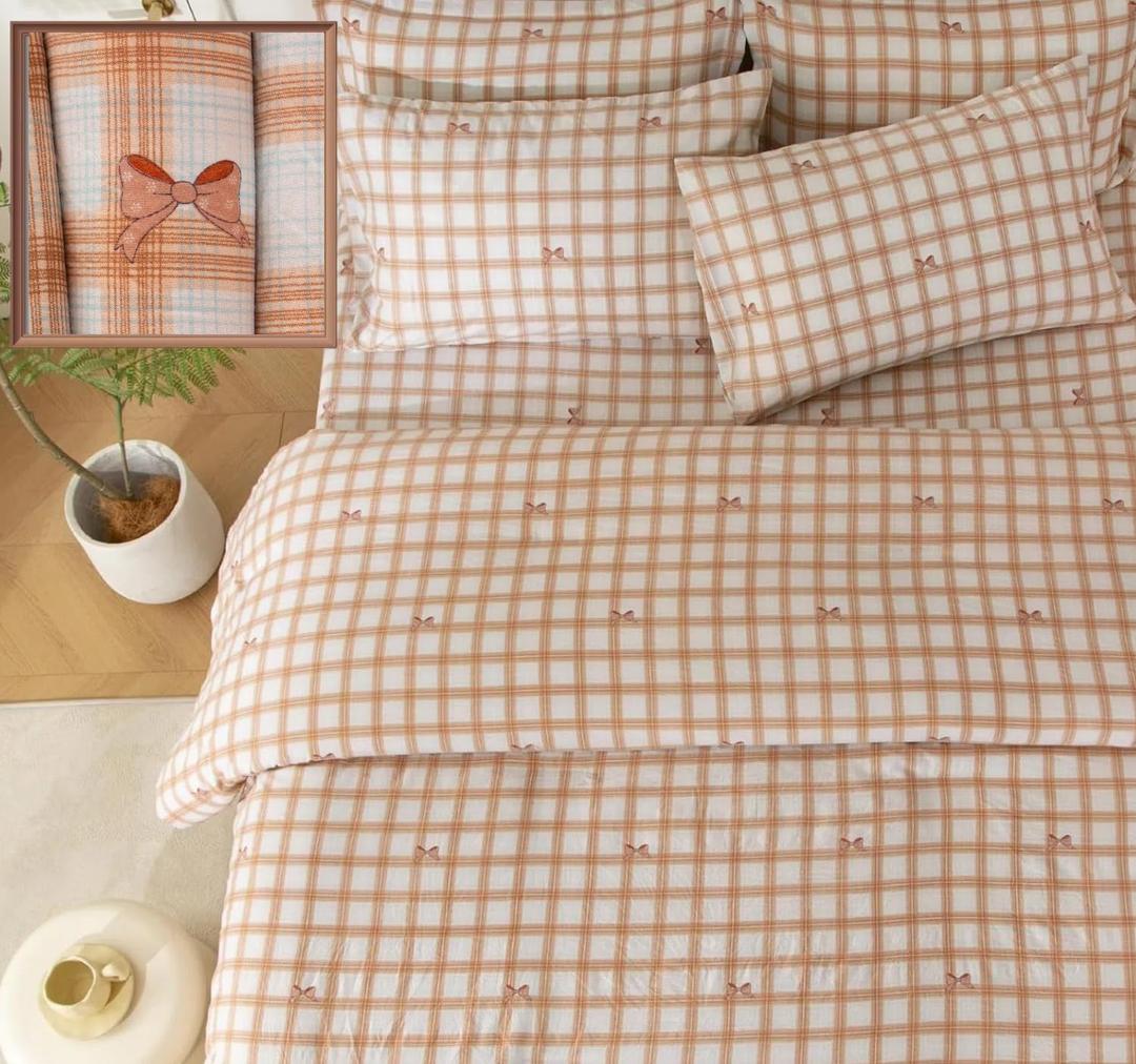 SDY 7PCS Brown Gingham Bow Bedding Set Queen，Soft Washed Microfiber Plaid Comforter Set and Checkered Sheets for Man Woman Adult，Cozy Brown Gingham Comforter