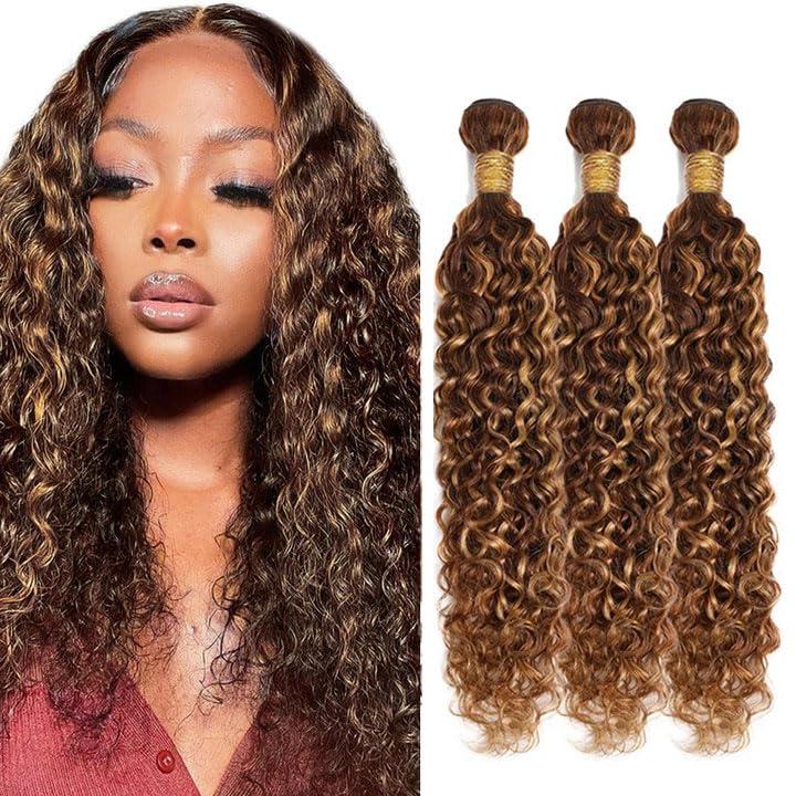 P4/27 Blonde Bundles Human Hair Water Wave Bundles 22 24 26 Inch Unprocessed Brazilian Virgin Hair Highlight Brown Water Wave 3 Bundle Human Hair Extensions 50 Gram Per Bundle
