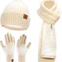 Womens Winter Knit Beanie Hats and Touchscreen Gloves Long Scarf Set with Warm Fleece Lined Skull Caps Scarves for Women (One Size, Apricot White)