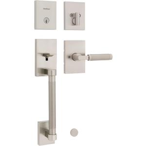 Kwikset Prava Front Door Handle and Deadbolt Set, Entry Handleset Exterior with Interior Reversible Lever, Satin Nickel, Pick Resistant SmartKey Rekey Deadbolt Security, with Microban Protection