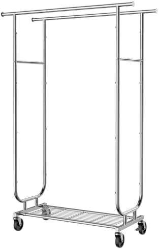 Sakugi Heavy-Duty Clothes Rack - Double-Rod Stainless Steel Garment Rack with 4-inch Lockable Wheels, Clothing Racks for Hanging Clothes in Bedroom, Laundry Room, 43.3"×16.5"×60.5", Silver