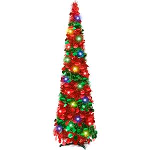 5Ft Pop Up Christmas Tree with Lights, Collapsible Pencil Tree Red Green, Skinny Christmas Tree Slim Xmas Tree, Artificial Tinsel Tree Foldable for Home Apartment Holiday Party Winter Decor