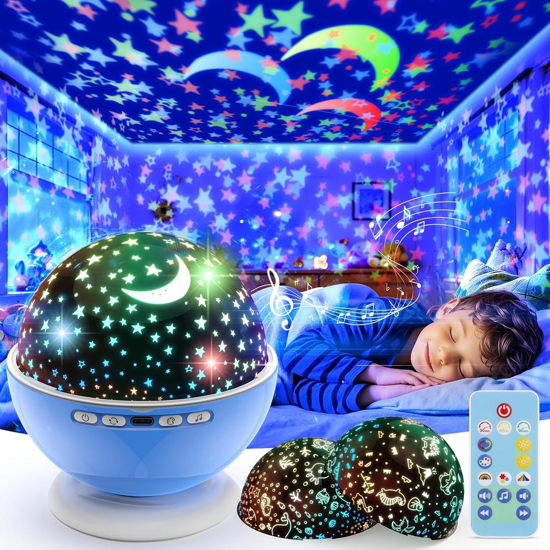 Night Light Projector,Night Light for Kids Room with Remote and Timer,360 Rotation,3 Projection Films,18 Light Modes,8 Lullaby Songs,Kids Night Lamp, Birthday Christmas Gifts for Boys Girls (Blue)
