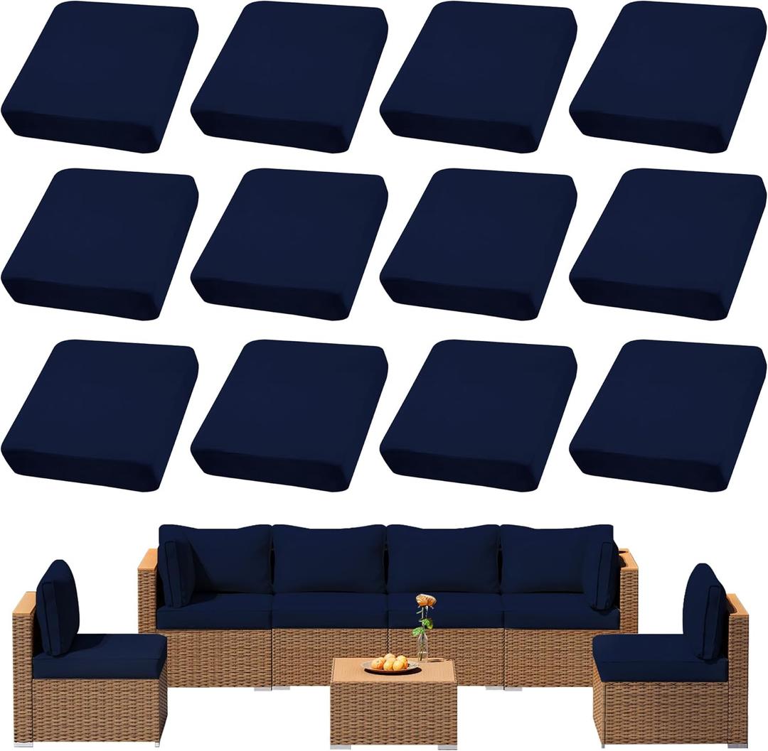 12Pcs Outdoor Cushion Covers, Patio Cushion Covers,Stretch Elastic Slipcovers, Replacement Washable & Reusable Furniture Protector for Patio Couch (Navy Blue,Cover Only)