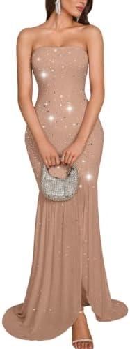 Kaei&Shi Rhinestone Maxi Dress,Tube Drop Waist Formal Dresses with Slit,Sparkly Wedding Guest Cocktail Party Outfits XL