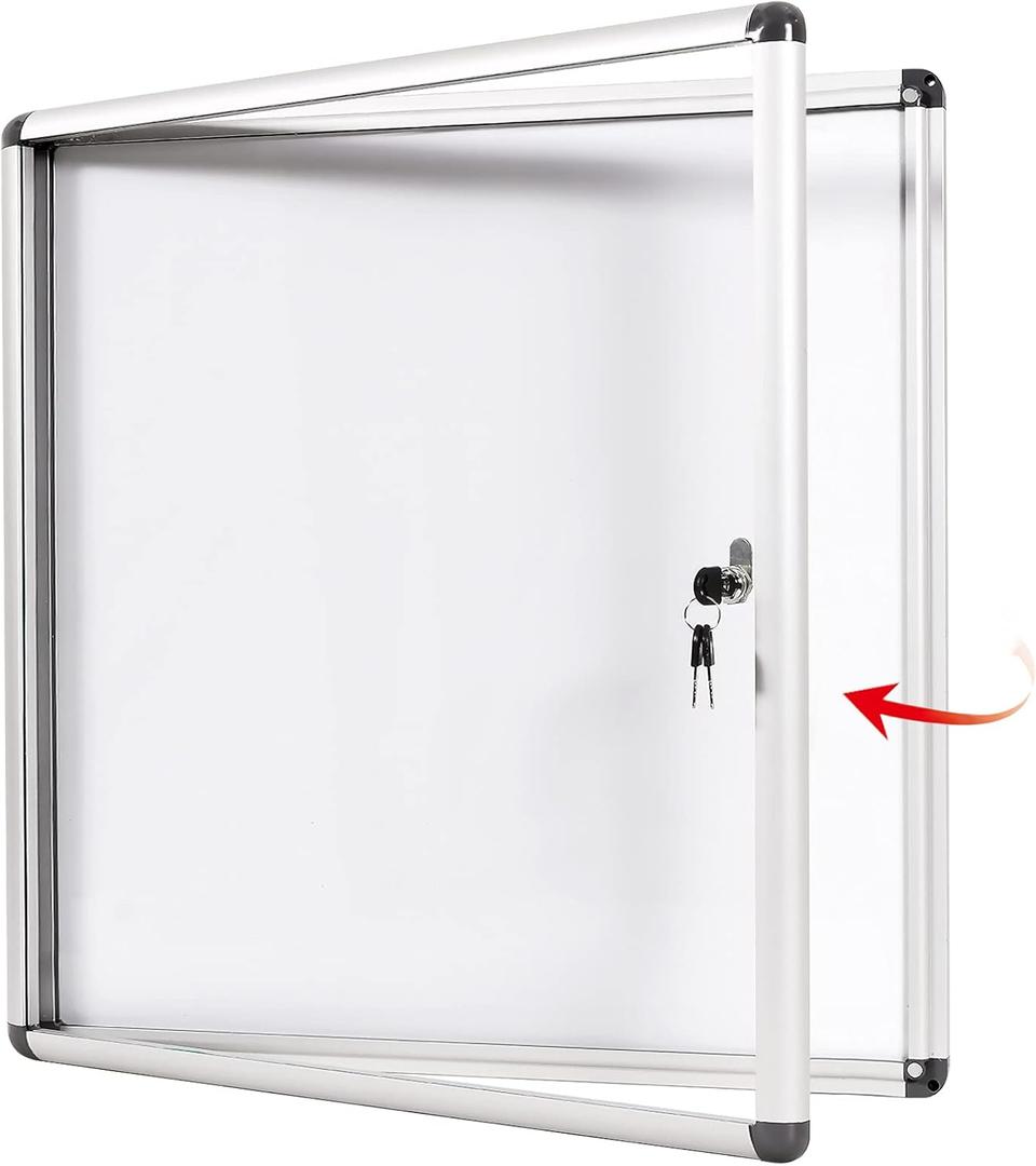 SWANCROWN Lockable Noticeboard White Bulletin Boards Magnetic Wall Mount Message Board with Glass Door and Keys 28x26inch(6xA4) (Silver Frame)