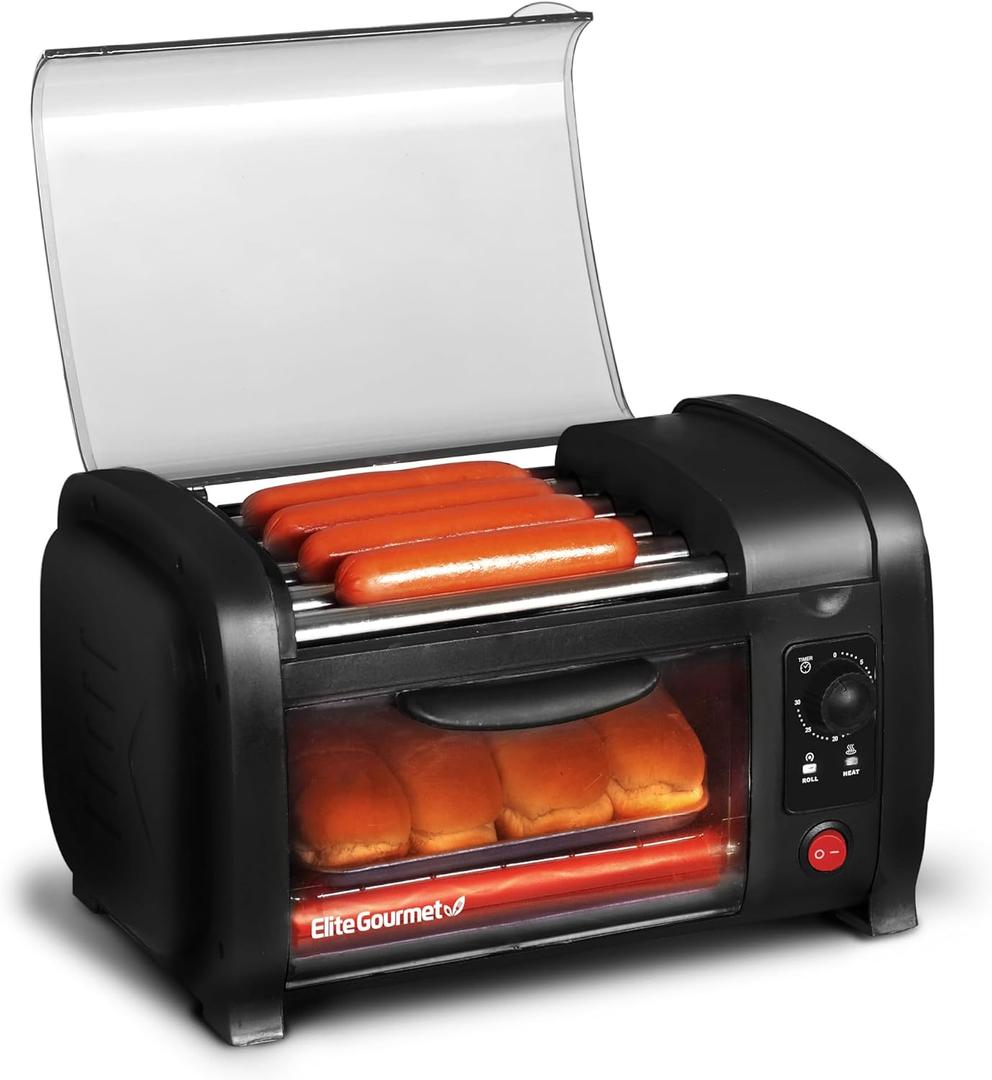 Elite Gourmet EHD-051BX Hot Dog Toaster Oven, Steel Rollers, 4-Bun, Black, 4 Bun Capacity/NEW VERSION