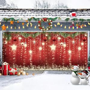 Maijoeyy 16x7ft Red Christmas Sparkling Stars Garage Door Decorations Glittering Stars New Year Christmas Party Garage Door Cover Wall Decorations for Outdoor