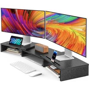 AMERIERGO Dual Monitor Stand Riser for 2 Monitors, Monitor Stand for Desk, Adjustable Computer Monitor Stand with 2 Slot, Multifunctional Desktop Organizer Stand for Laptop, PC, Computer, Printer