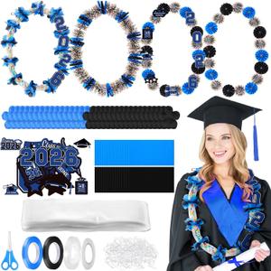 Shinylin 24 Sets 2026 Graduation Candy Lei Making Kit Include Clear Poly Candy Lei Tubing with Flower Card Grad Stickers White Rubber Bands Ribbons Glues for Graduation Party Supplies(Black and Blue)
