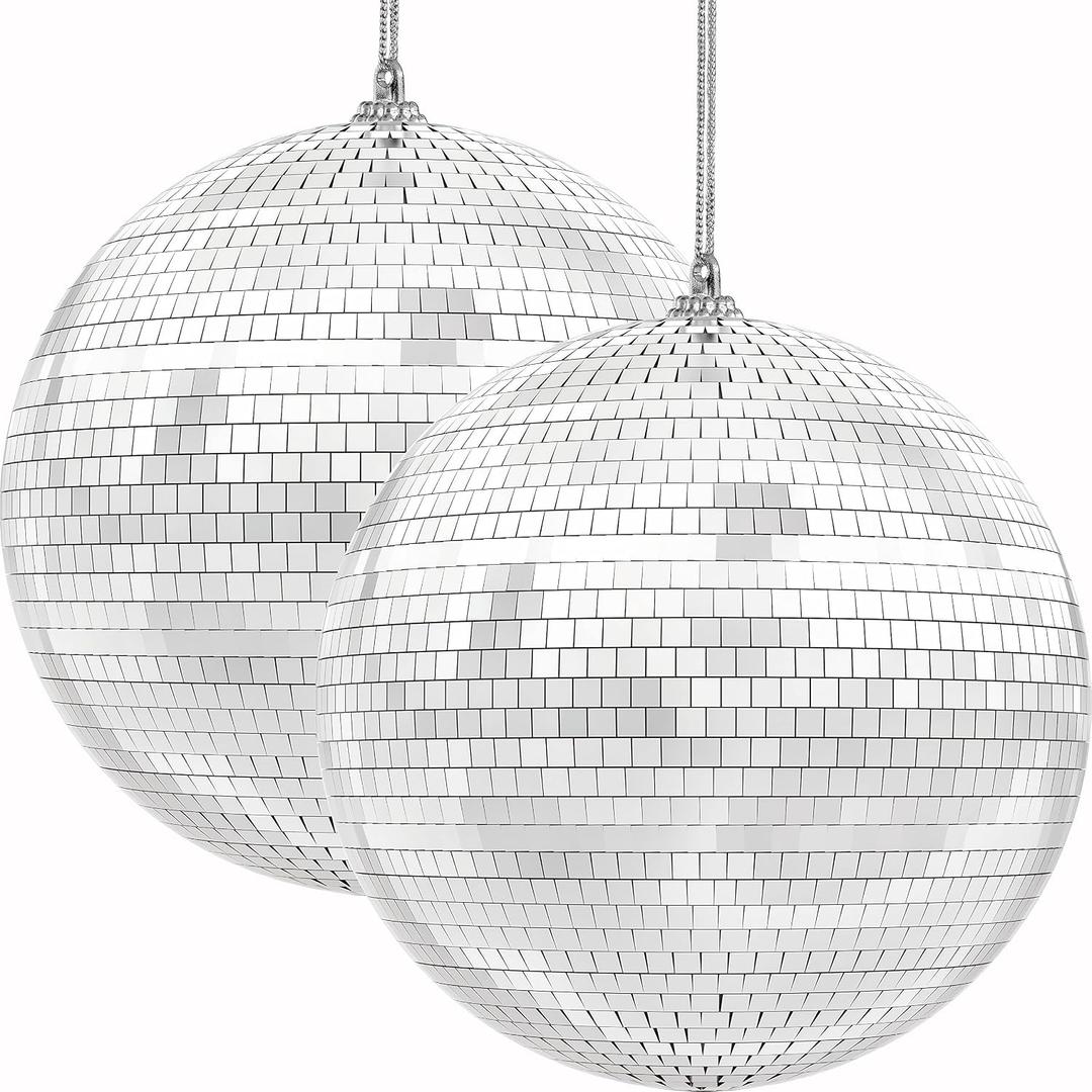 The Dreidel Company Mirror Disco Ball 8" Inch 2-Pack, Silver Hanging Ball with Attached String for Ring, Reflects Light, Fun Party Home Bands Decorations, Party Favor