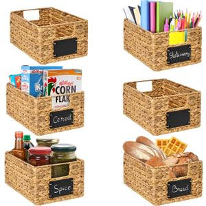 BARIEN 6 Pcs 12" x 9" x 6" Natural Water Hyacinth Woven Storage Baskets, Rectangular Wicker Basket with Built-in Handles, Woven Cube Storage Bin with Chalkboard Label Chalk Marker (Natural - Set of 6)