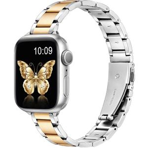 wipalor Metal Stainless Steel Band Fit iPhone Watch Bands for Women 42mm 41mm 40mm 38mm, Thin Slim iWatch Bands for Women Cute Band for Apple Watch Bands Series 11 10 9 SE 8 7 6 5 4 3-Silver/Gold