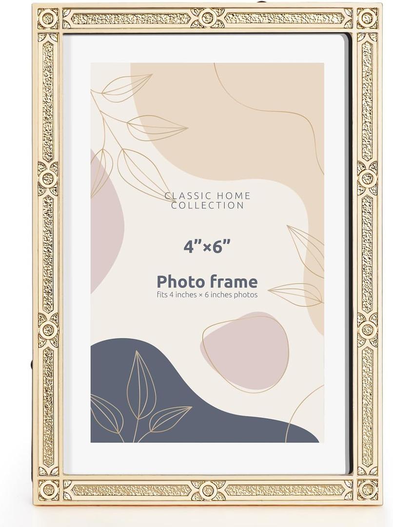 4x6 inch Picture Frame Design Vintage Style Metal Photo Frame with High Definition Glass Antique Display Holder for Tabletop (Gold-Antique)