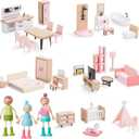 Giant bean 36pcs Wooden Dollhouse Furniture Set with Dolls for 5 Rooms, Wood & Plastic Pink Dollhouse Accessories Pretend Play Furniture Toy Christmas Birthday Gift Toy for Kids Boys Girls Toddler 3+